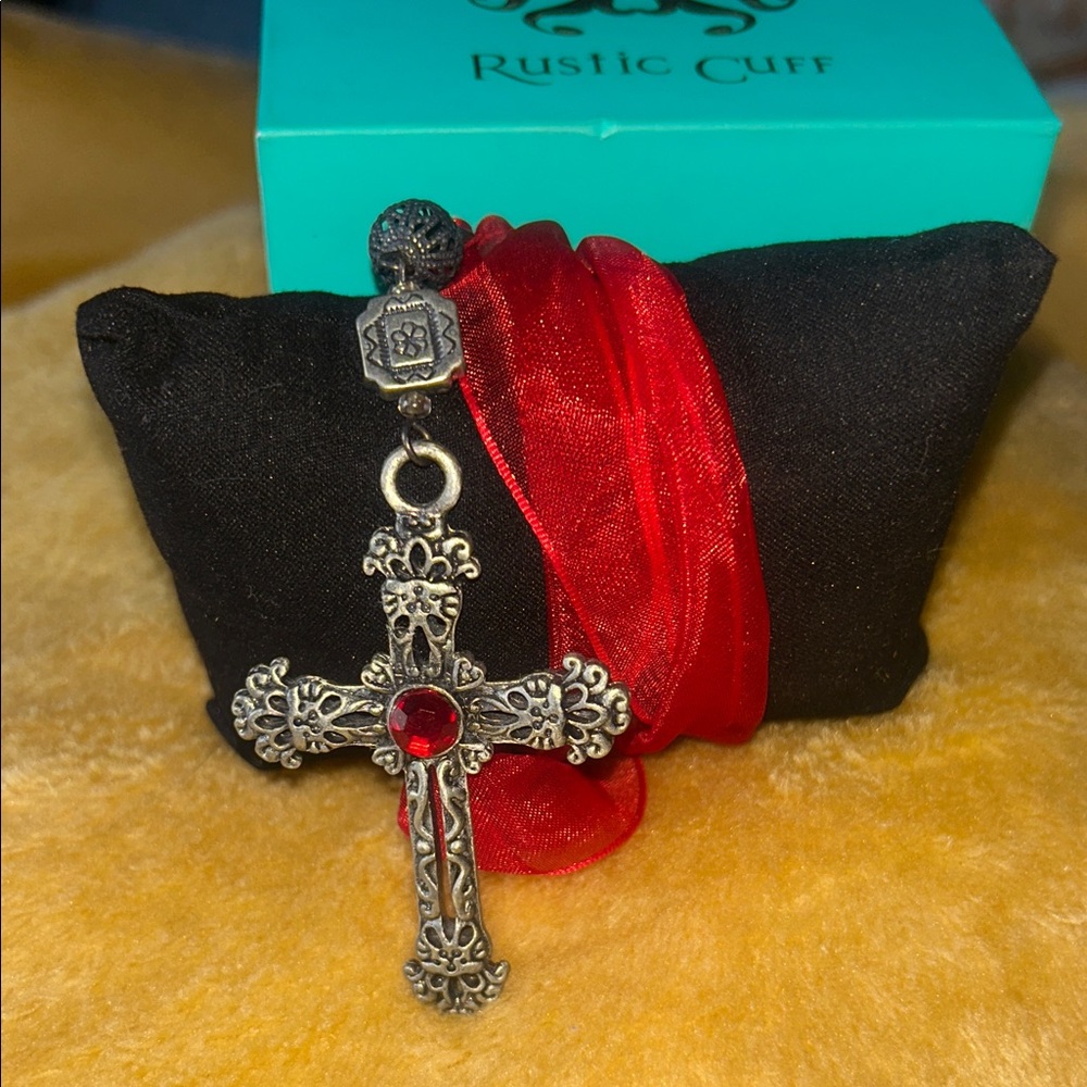 Rustic Cuff Red Ribbon Cross Necklace - Picture 4 of 5